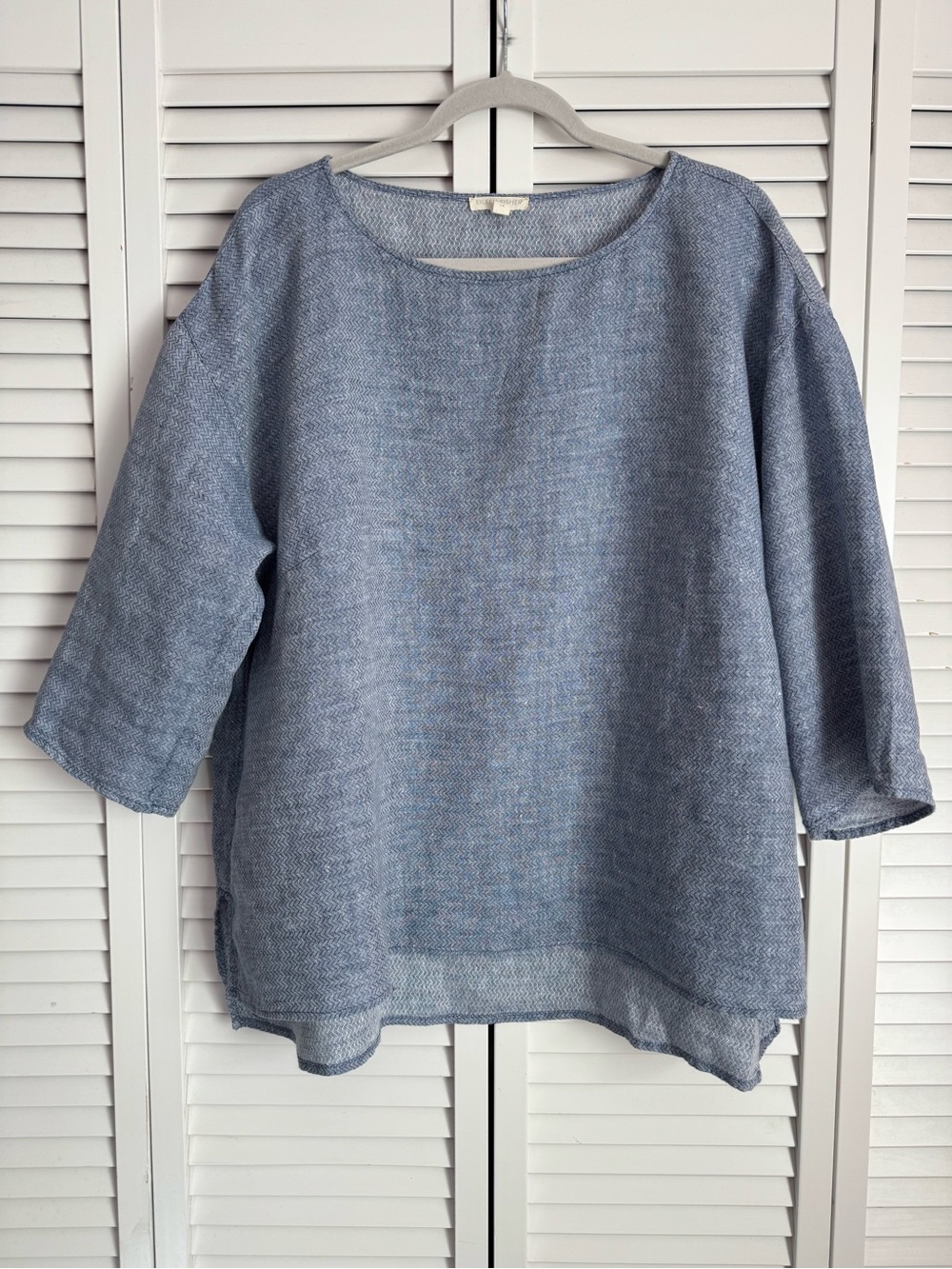 Eileen Fisher Organic Linen Chevron Chambray Bateau Neck 3/4 Sleeve Top Size 1X - Picture 2 of 8
